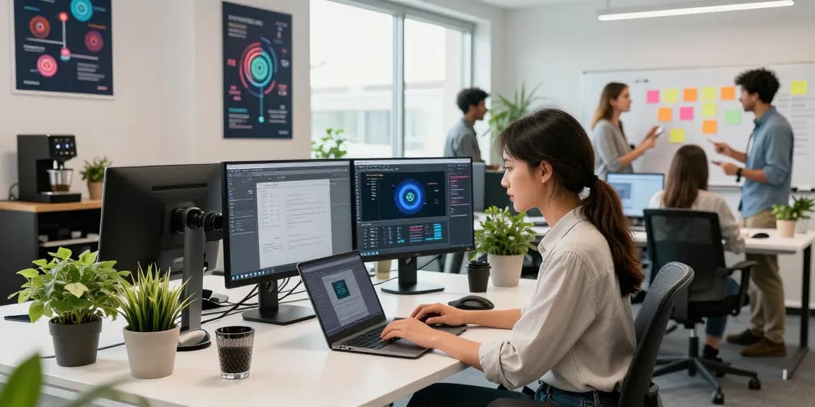 使用爱思软件的年轻女性在现代科技办公室工作，周围环境充满活力和创意。