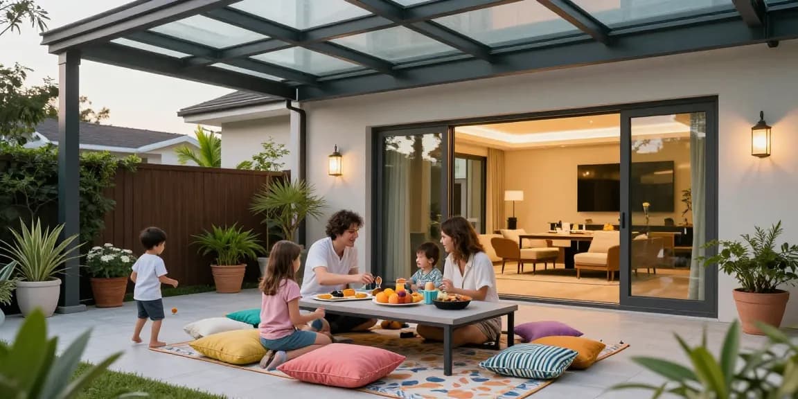 Gemütliche Terrasse mit Terrassenüberdachung, Familie genießt den Nachmittag bei einem Picknick.
