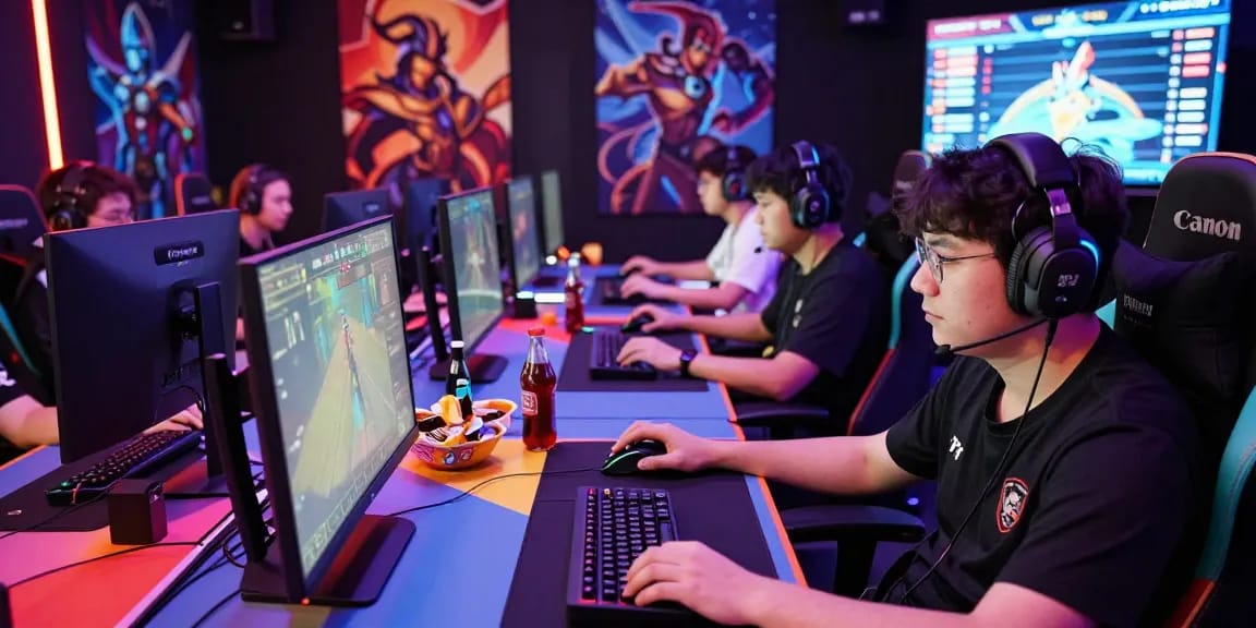 Competitive gaming atmosphere featuring FAFA828, diverse players intensely focused on gameplay with high-tech gear and vibrant lighting.