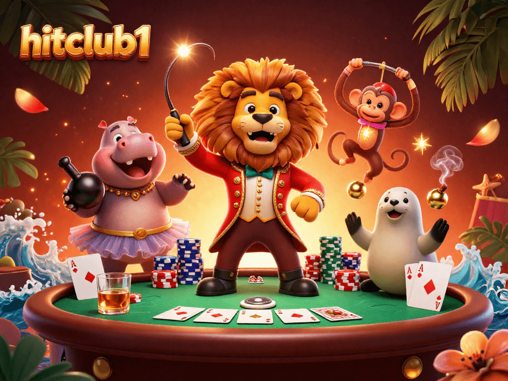 Hitclub1 showcases a vibrant, energetic casino scene filled with dynamic characters and poker elements.