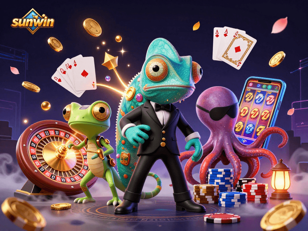 Experience the thrill of sunwin with a vibrant 3D casino scene filled with dynamic game elements.