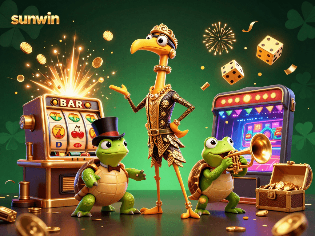 Experience the excitement of sunwin as cartoon characters cluster around a jackpot explosion in a lively casino scene.