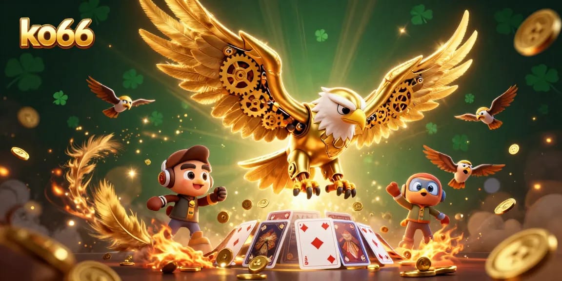 Experience thrilling gameplay at ko66 with a dynamic illustration showcasing an eagle amid holographic cards and gold.
