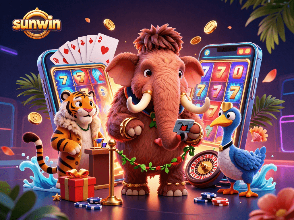 Engage with sunwin gaming excitement as a woolly mammoth checks ID for a saber-tooth tiger at a vibrant casino.