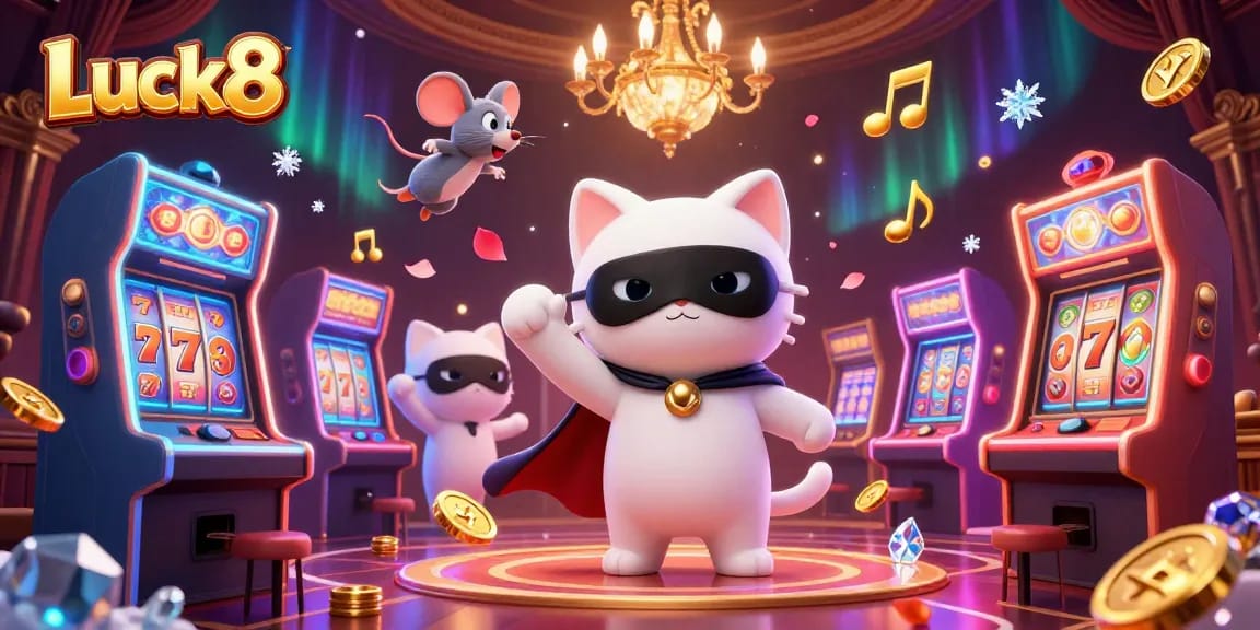 Luck8 activates excitement with a lively scene of a phantom cat at a casino slot machine.