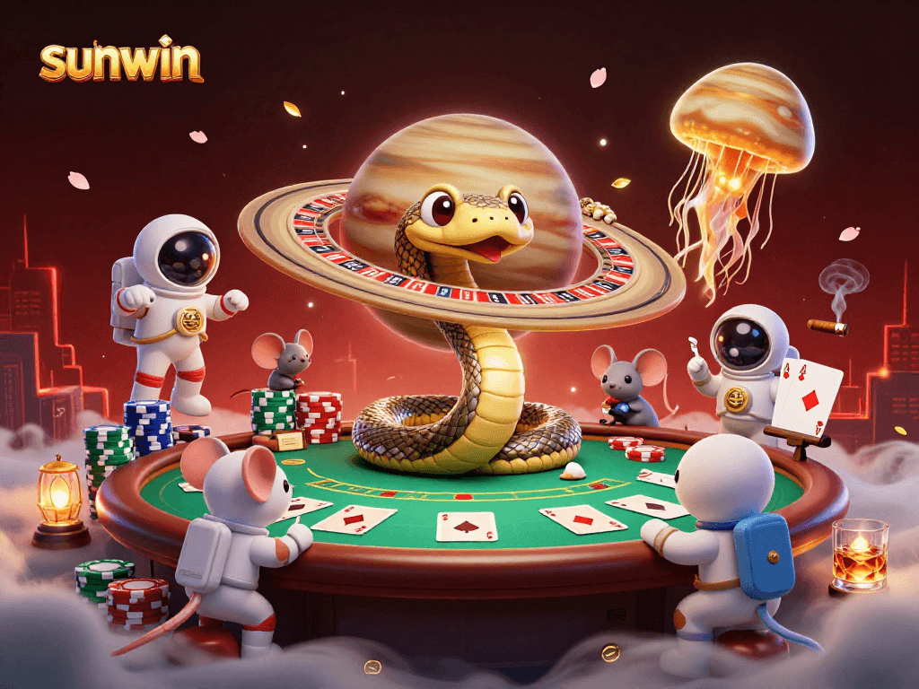 Experience thrilling wins with sunwin as astronaut mice bet on Saturn's roulette rings in this cosmic casino scene.