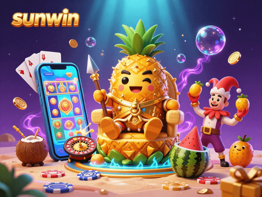 Engage with the sunwin slot game excitement featuring a golden pineapple king in a vibrant casino scene.