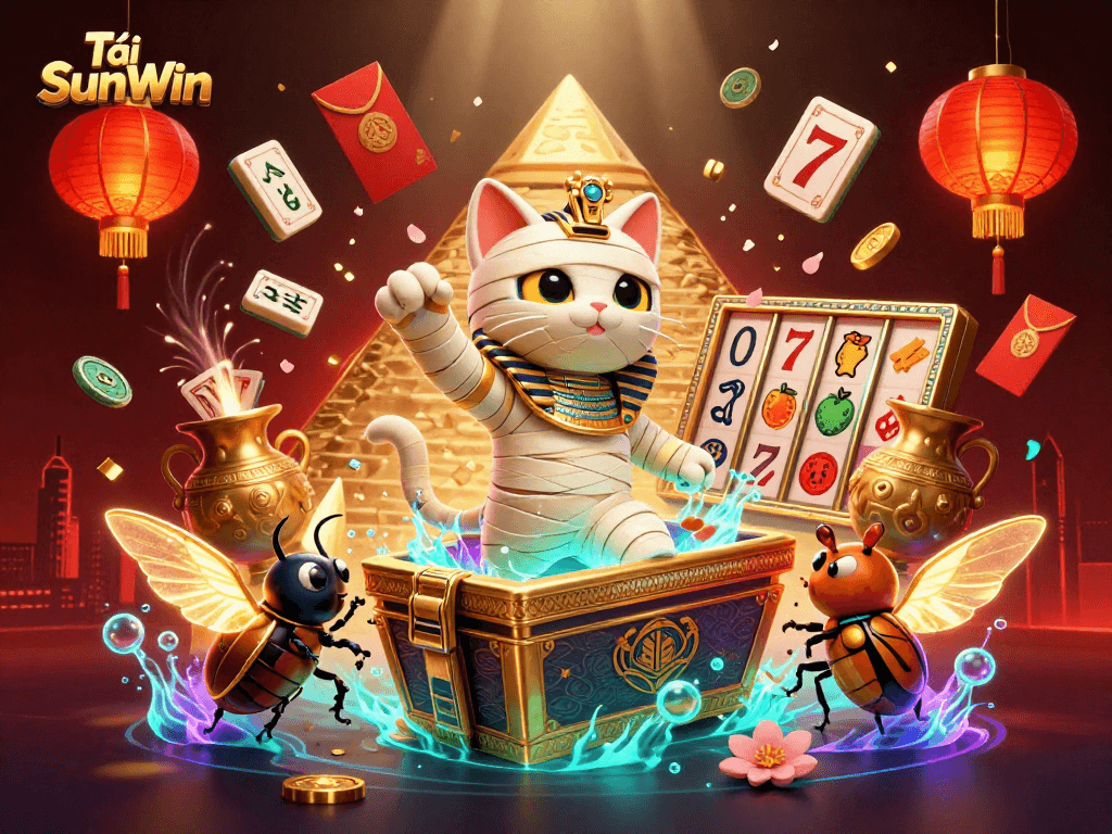 Tải SunWin showcases an Egyptian mummy cat and scarab beetle in a vibrant interactive casino scene.