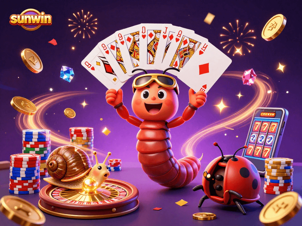 Experience winning thrills with sunwin as cartoon characters deal cards, chips, and sparkles.