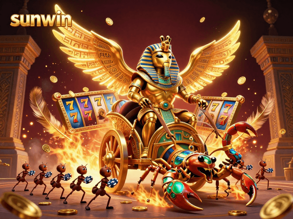 Join the action with sunwin's colossal scarab beetle amidst vivid slot machine elements and chips.