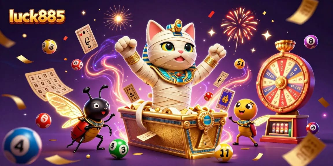 Experience thrilling gameplay at luck885 with a magical mummy cat in a vibrant casino scene.