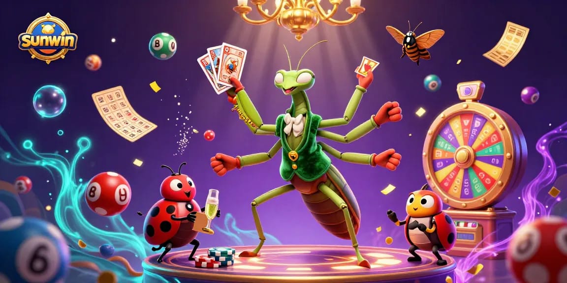 Engage with sunwin's dynamic casino atmosphere featuring a mantis card sharp juggling cards and champagne.
