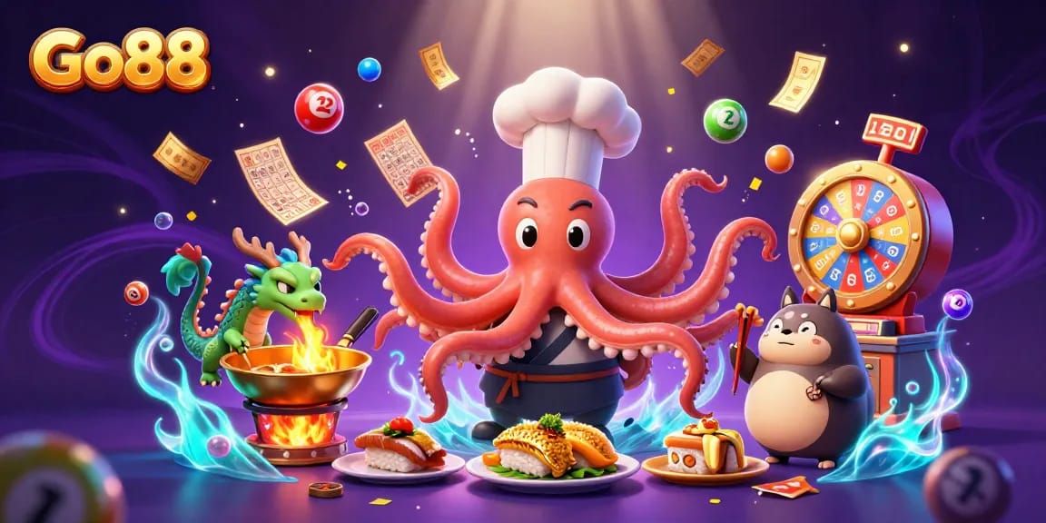 Go88 offers dynamic winning fun with vibrant lottery balls and exciting game elements surrounding characters.