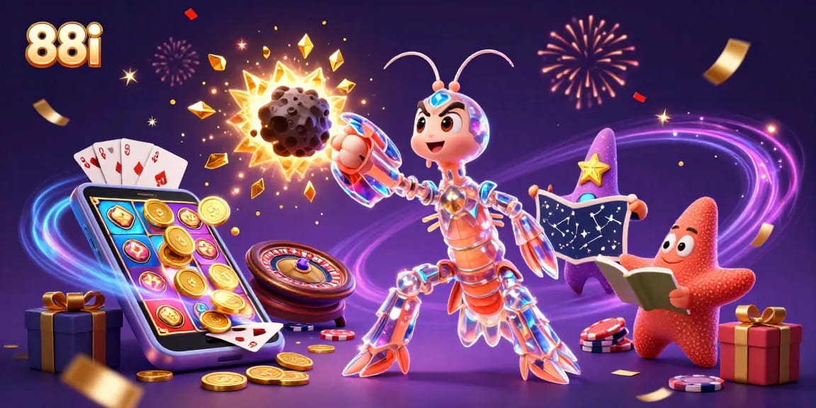 Experience the excitement of 88i with a vibrant 3D casino illustration featuring galactic characters and games.
