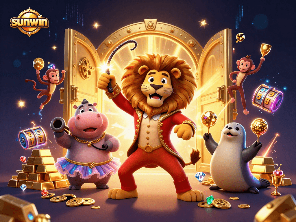 Engage with the sunwin slot experience featuring vibrant circus characters and bursting treasures.