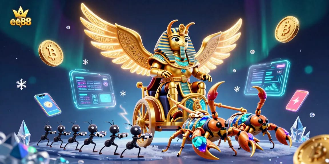Engage with ee88 casino featuring a colossal golden scarab beetle in a dynamic 3D illustration.