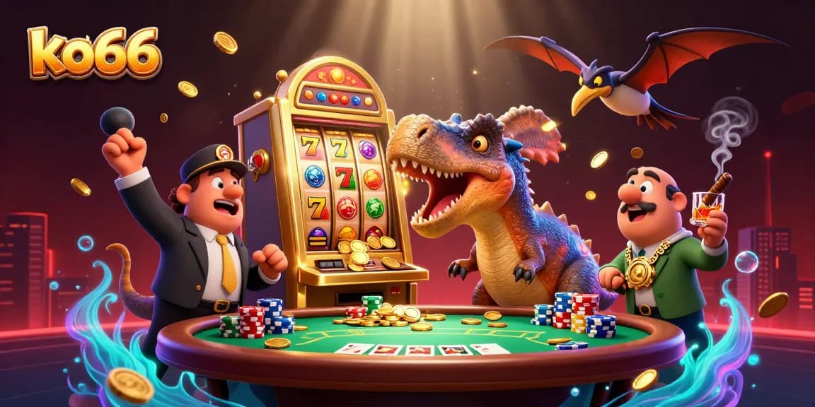 ko66 slot machine scene with animated jackpot coins and casino characters in vibrant action
