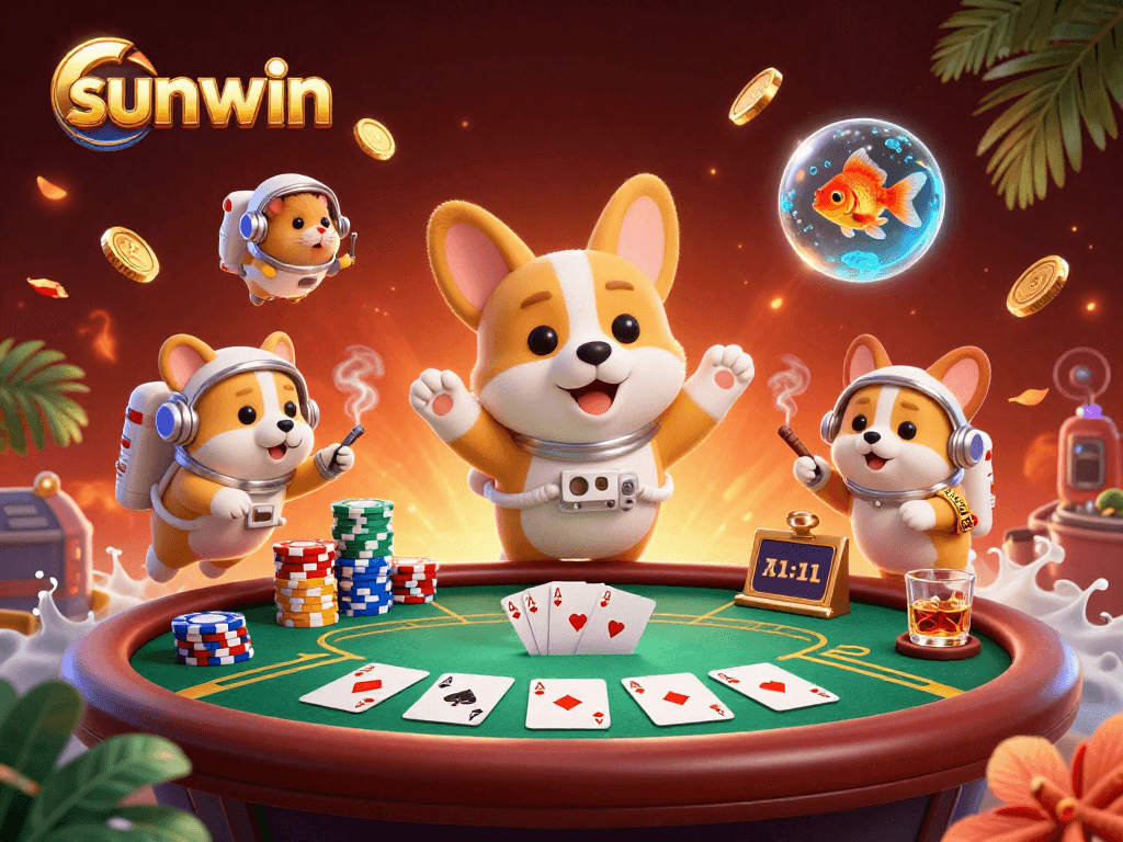 Experience sunwin's exciting gaming action with a vibrant space casino scene showcasing characters and poker elements.