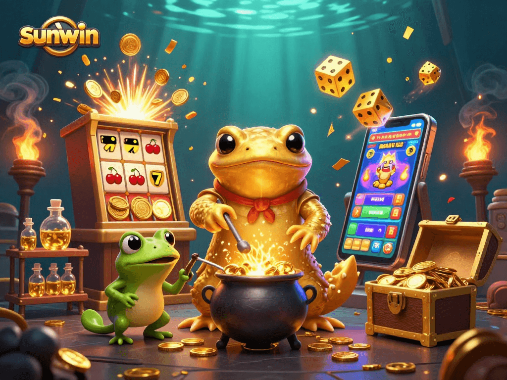Experience sunwin's thrilling jackpot scene with enchanting characters and vibrant casino elements.