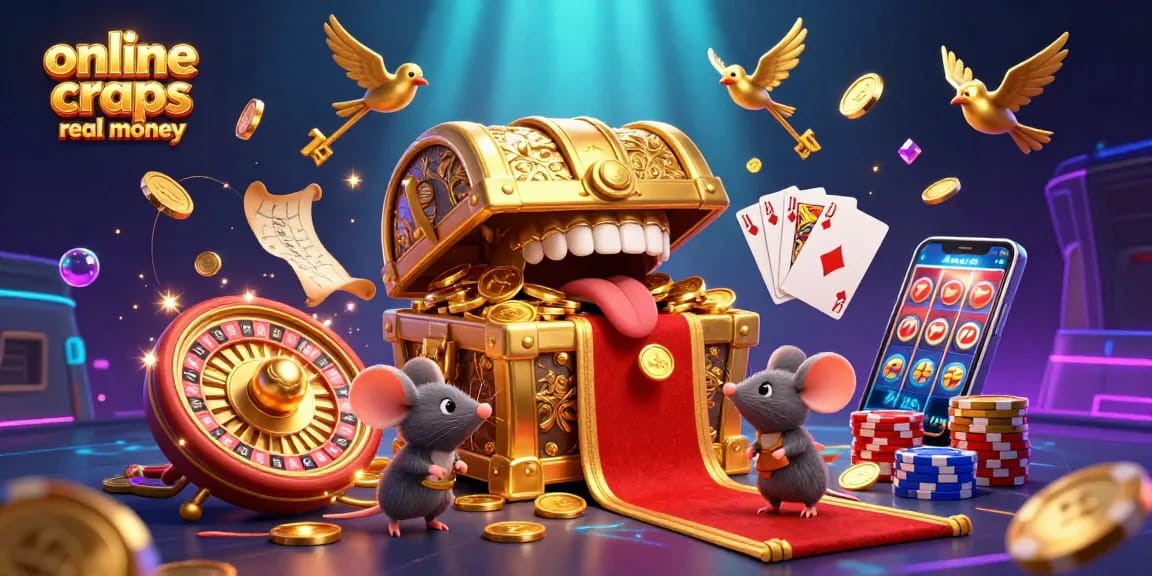 Engage in online craps real money gameplay featuring a vibrant 3D illustration of casino elements.