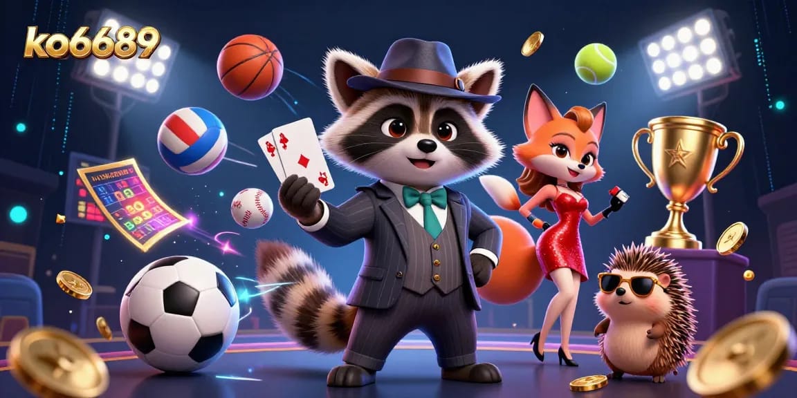 Experience thrilling wins at ko6689 in this dynamic casino scene with raccoon and fox characters.
