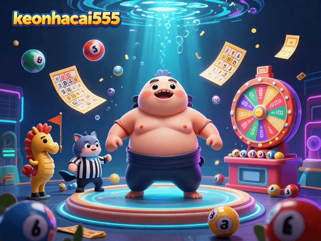 Engage in exciting gameplay with keonhacai555 featuring a sumo fugu in a vibrant underwater lottery scene.