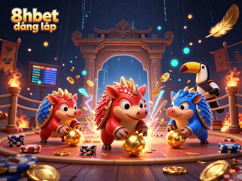 Engage in thrilling gameplay with 8xbet đăng nhập featuring dynamic pangolin rivals and poker chips in a vibrant casino scene.