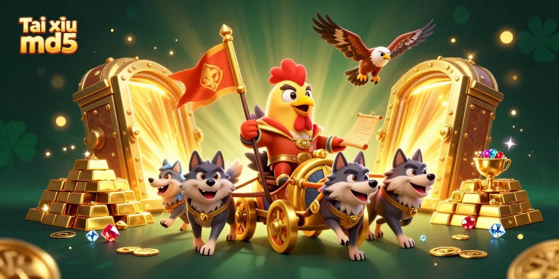 Experience the excitement of Tài xỉu md5 with a dynamic illustration featuring rich gambling elements and characters.