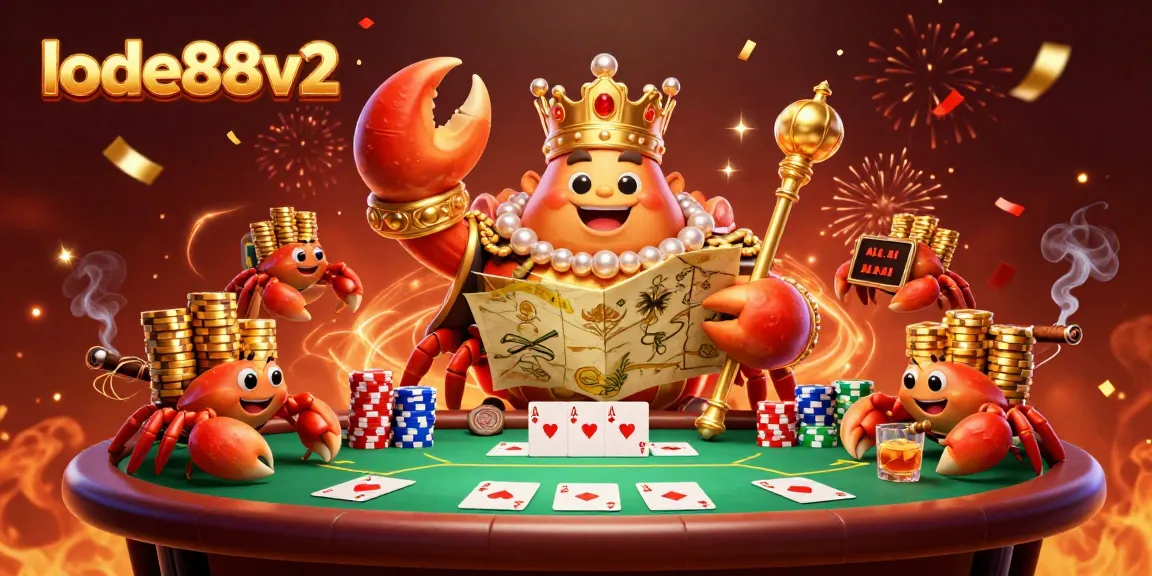 Engage with lode88v2's vibrant scene showcasing an emperor crab at a high-stakes poker table.