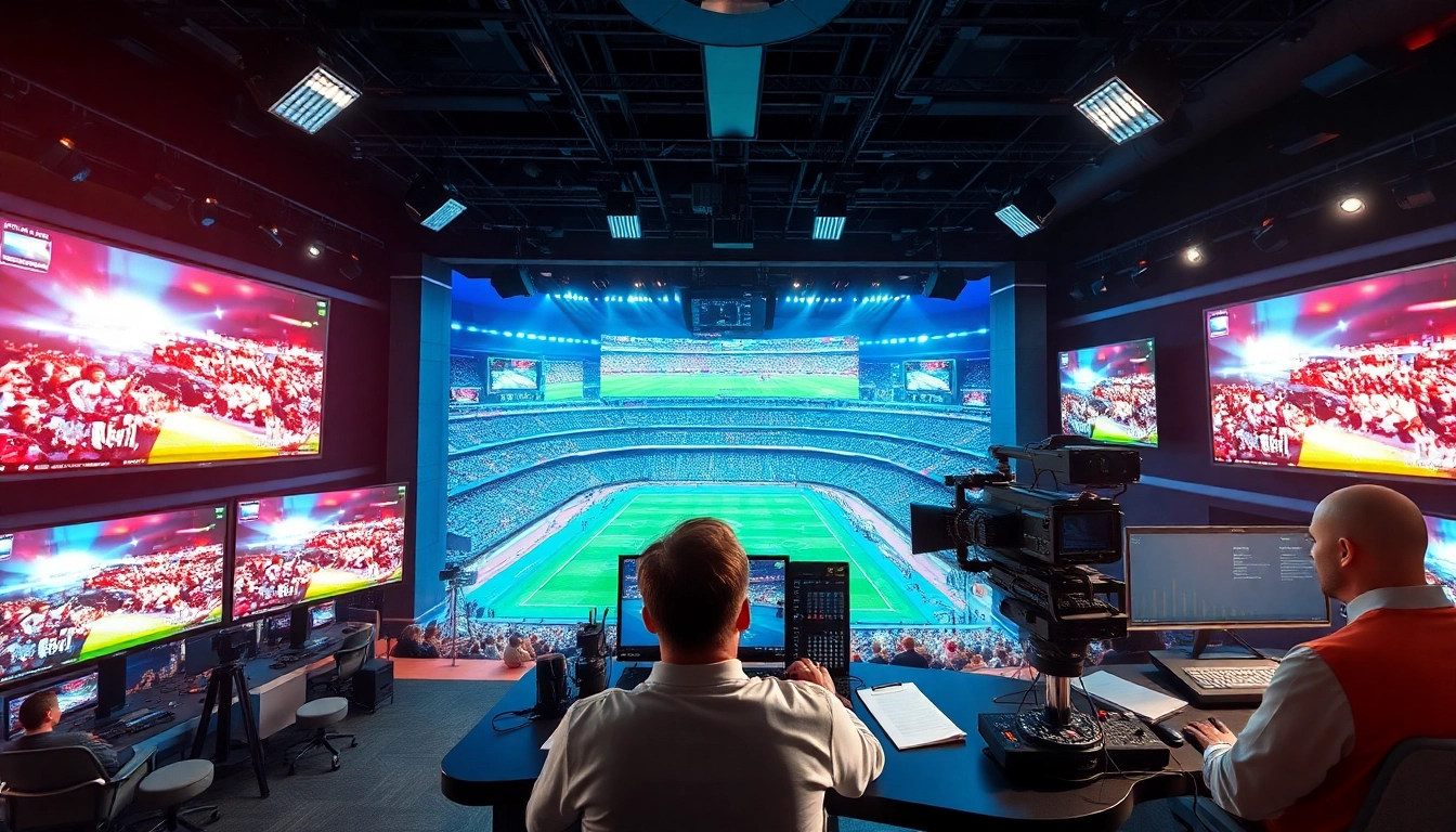 Broadcast professional engaging in Sports Broadcasting with dynamic visuals in a studio setting.