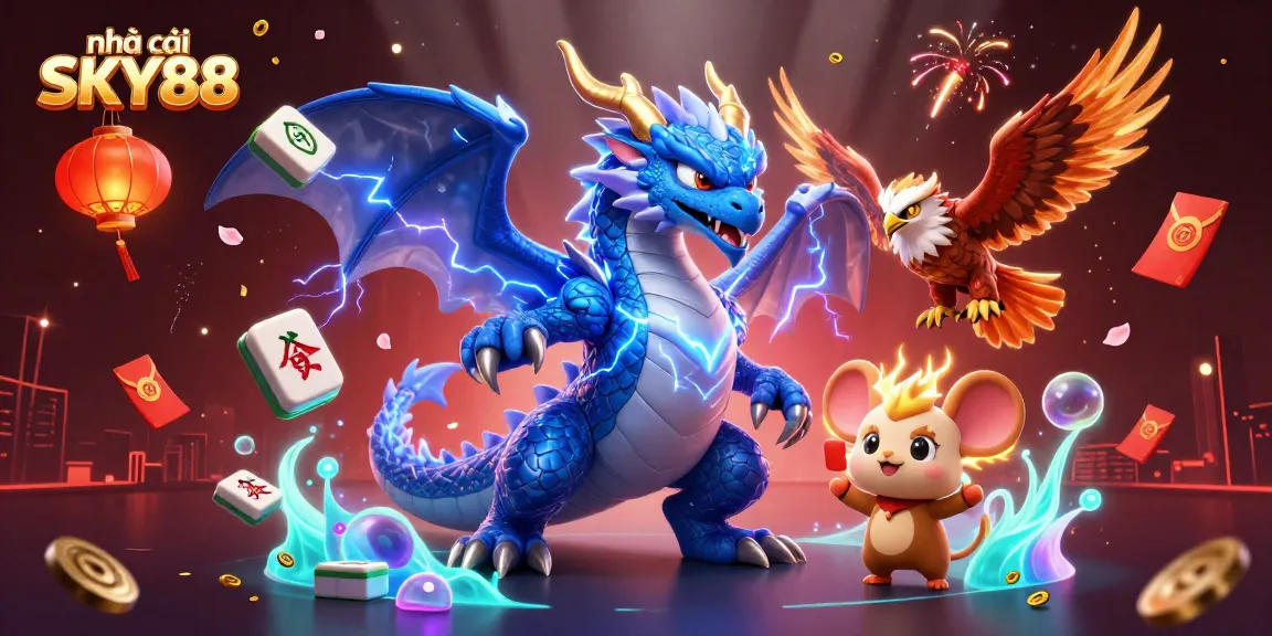 Engage with nhà cái SKY88 through an electrifying 3D casino-themed illustration showing vibrant elements.