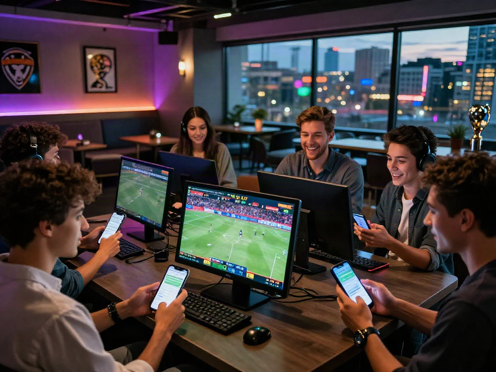 Engaging social betting environment highlighting Alternatif Bola88 with excited individuals around sports screens and mobile devices.
