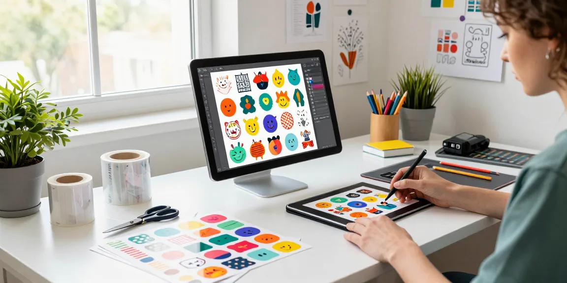 Colorful custom stickers being designed in a vibrant e-commerce workspace with creative tools and design samples.