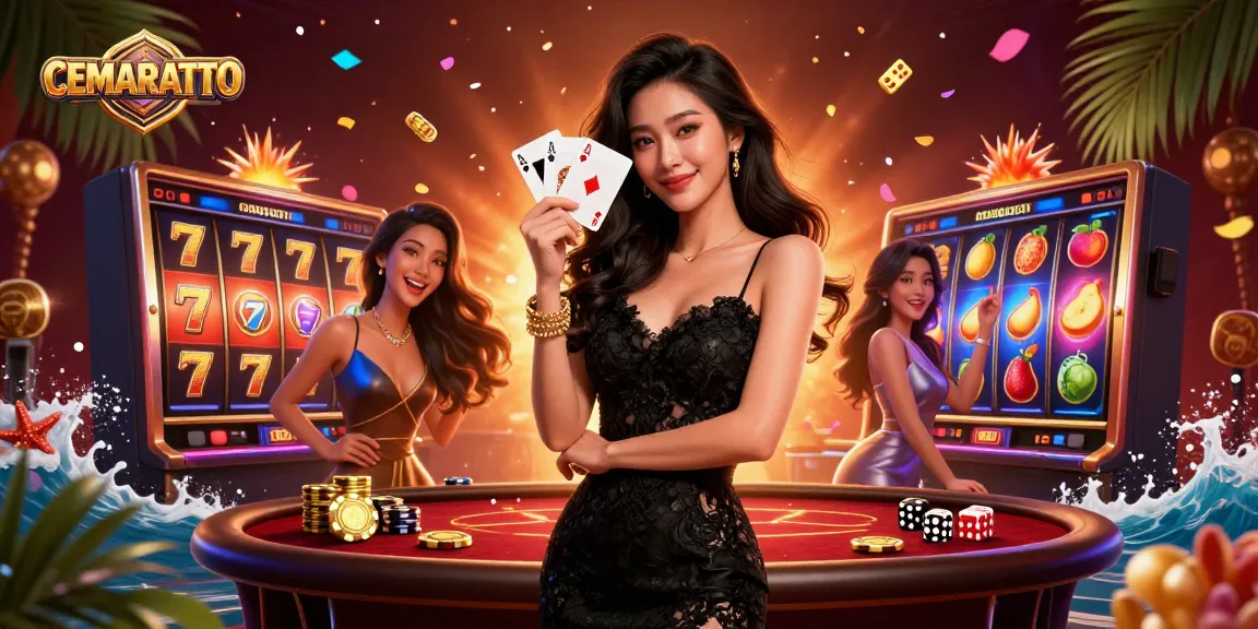 CEMARATOTO offers thrilling slot gameplay with an elegant dealer showcasing cards.