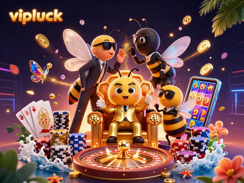 Engage with the vibrant action of vipluck casino, showcasing thrilling gameplay with golden coins and colorful poker chips.