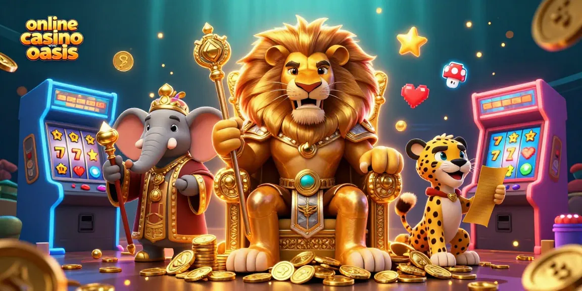 Experience excitement at an online casino ohne oasis, featuring vibrant characters amidst thrilling slot machines.