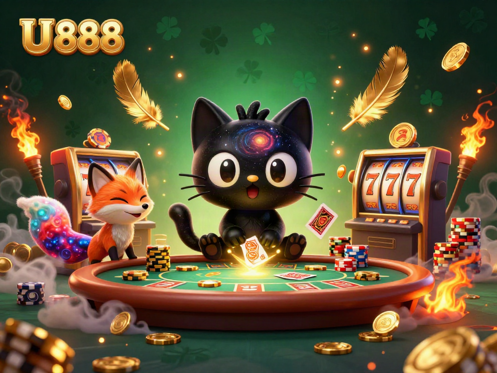 Engage with U 888 at a vibrant cosmic casino where animated characters allure with golden chips and dynamic games.