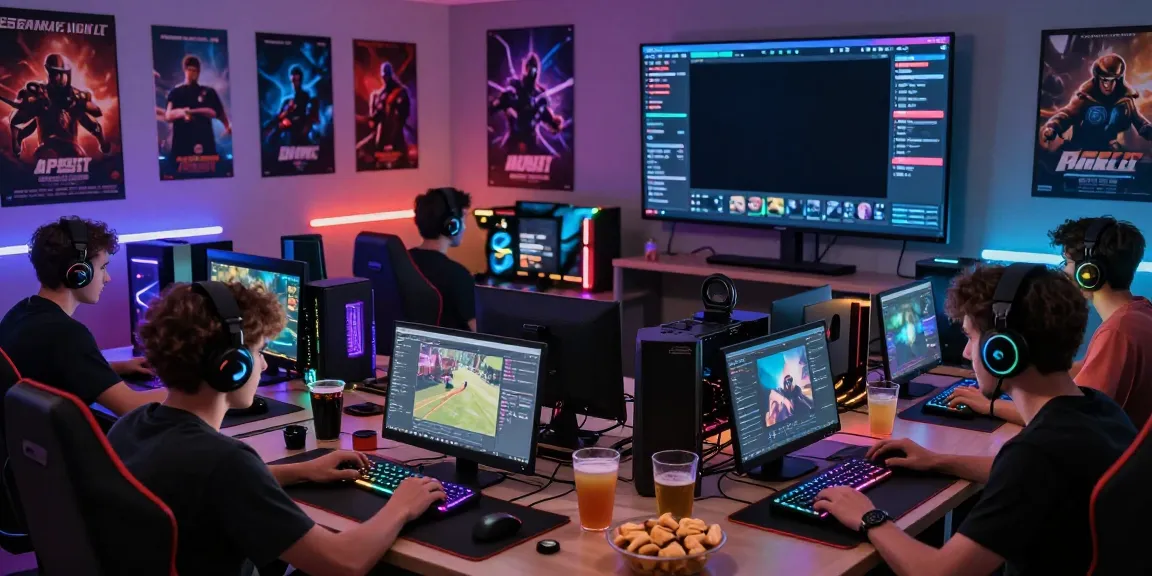 Vibrant online gaming hub with friends playing on laptops at https://sky88tg.com/ featuring upbeat atmosphere and colorful LEDs.