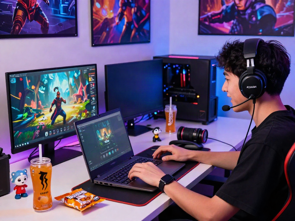 Engaged gamer exploring GEM88 gaming platform on laptop with vibrant visuals.