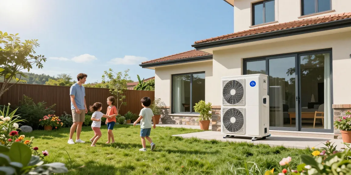 Wärmepumpe kaufen installation in a cozy backyard with family enjoying energy efficiency and comfort.