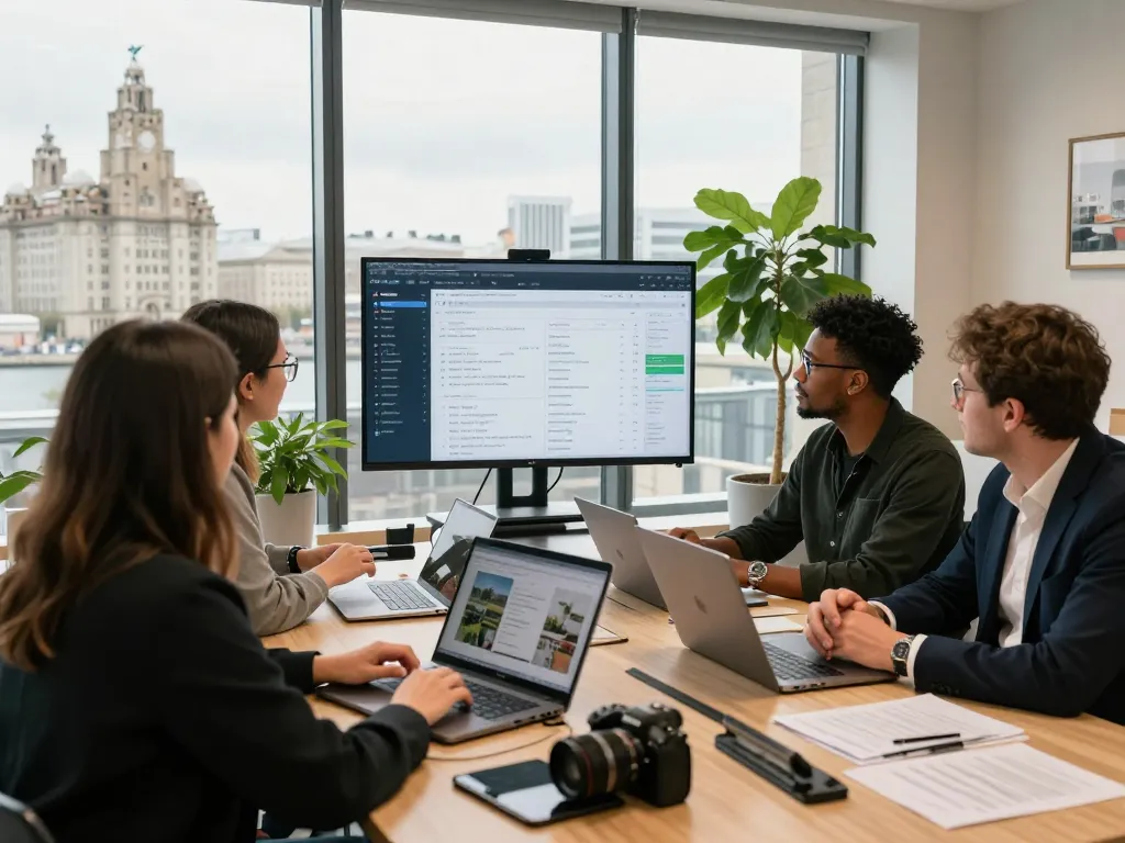 airbnb management liverpool team collaborating in a modern office space