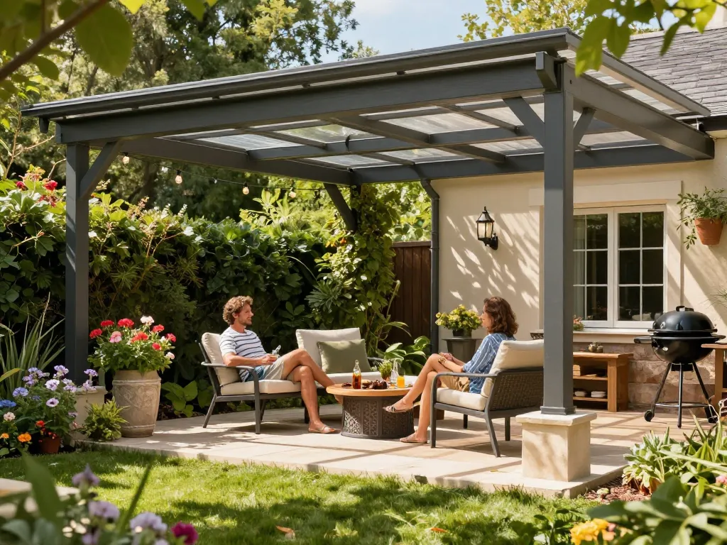 Stilvolle Terrassenüberdachung in einer lebhaften Gartenumgebung, perfekt für die Entspannung im Freien.
