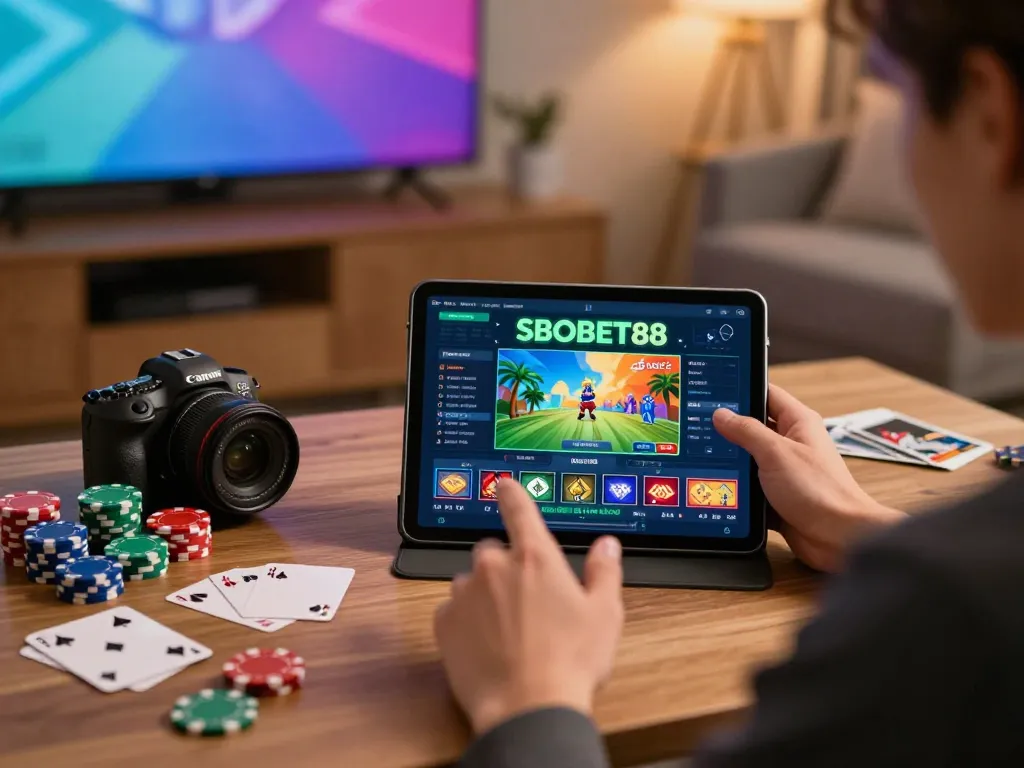 Engaging SBOBET88 online betting scene with user enjoying virtual gaming experience.