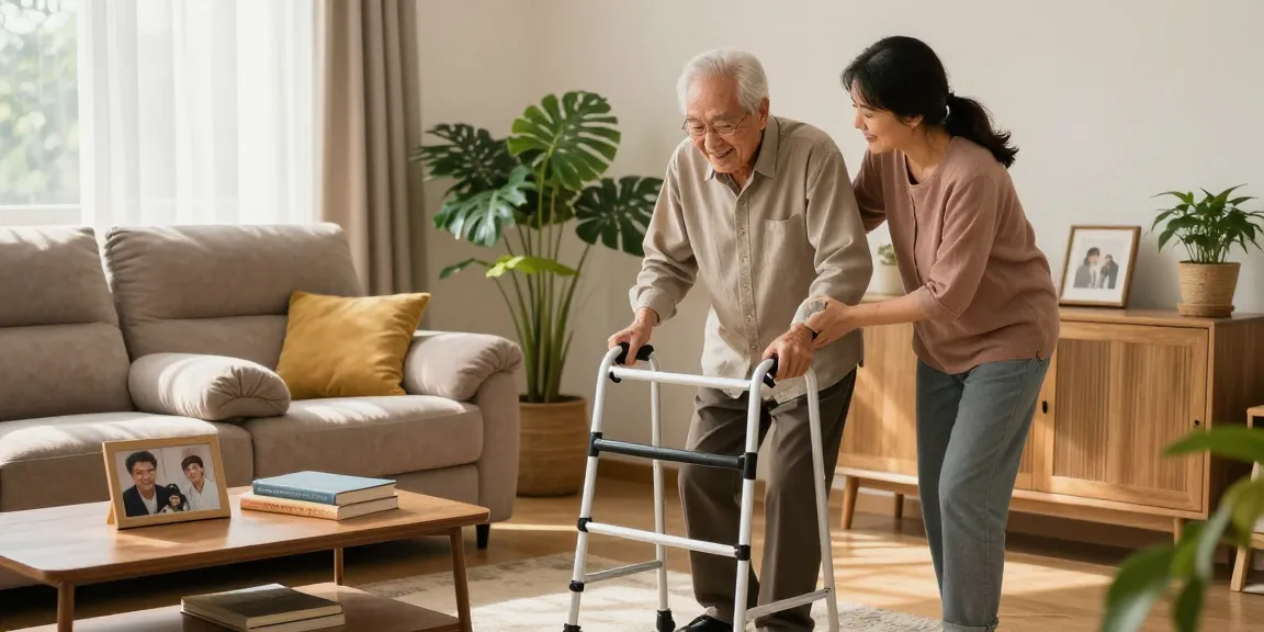 buy nobility aids - elderly man using a walker with family support in an inviting living room
