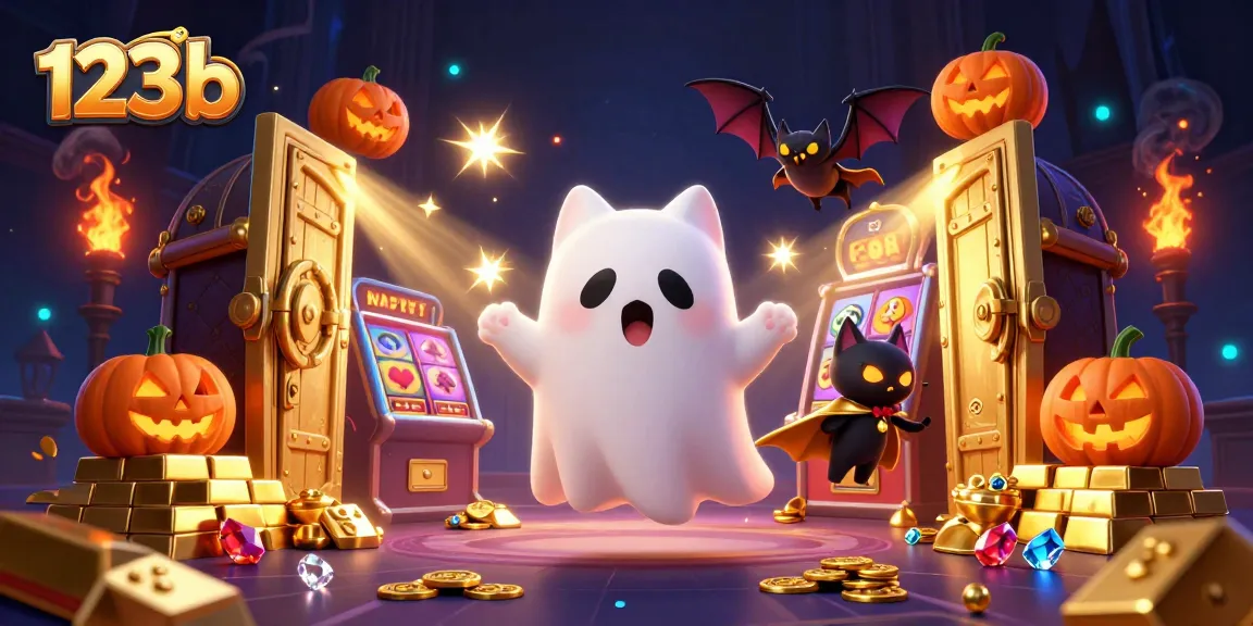 Engage with 123b in a vibrant haunted casino scene filled with treasures and Halloween spirits.