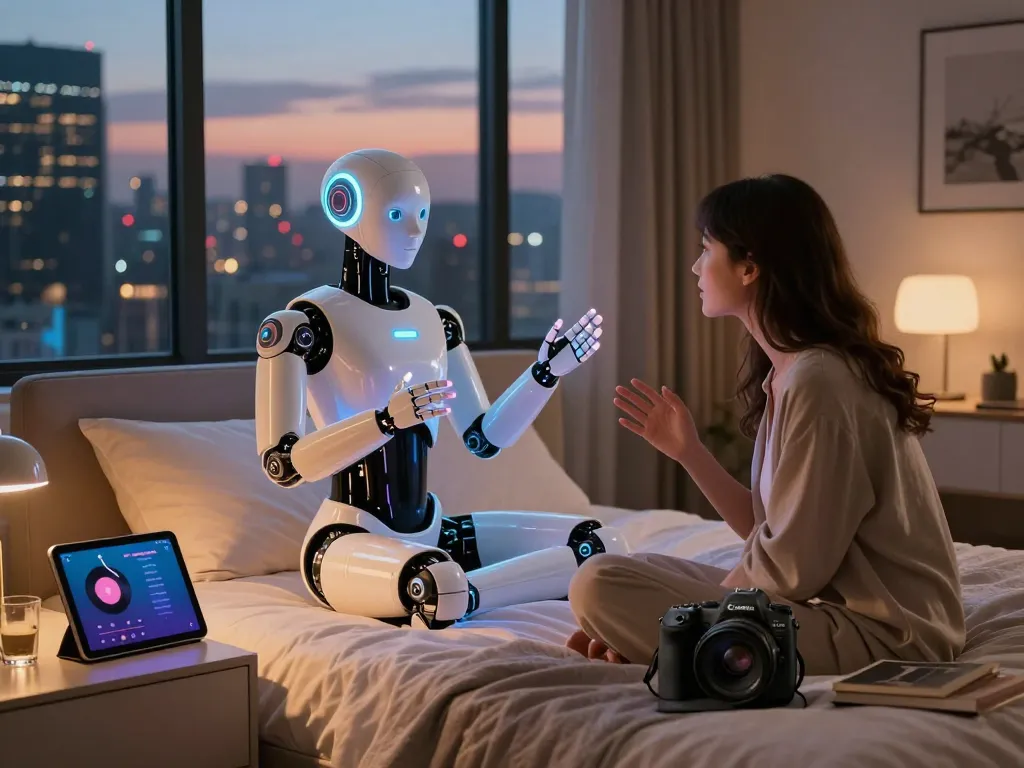 Interactive sex bot in modern bedroom, showcasing advanced AI capabilities and intimate ambiance.