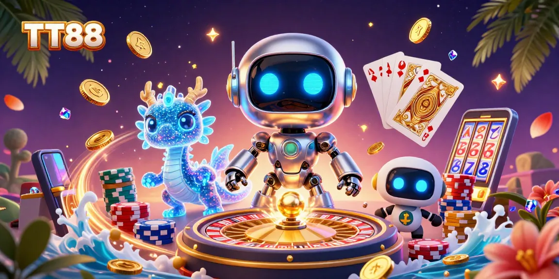 Engage with TT88 gaming excitement featuring a cyberpunk robot and dynamic casino action.