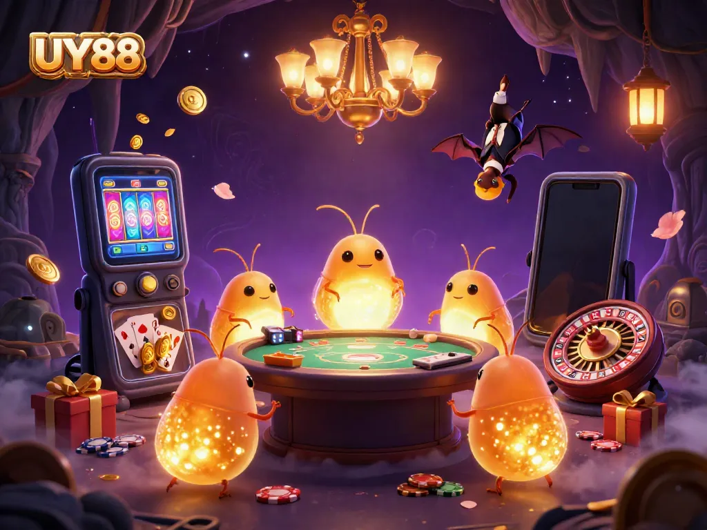 Experience the excitement of UY88 in a vibrant casino scene illuminated by glowworms and featuring interactive game elements.