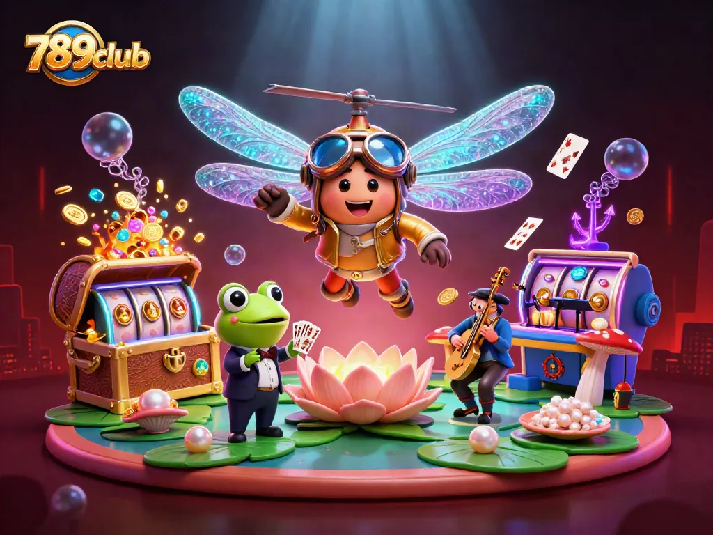 Engage in the thrilling world of 789club with a vibrant casino scene featuring a dragonfly pilot and frog dealer.
