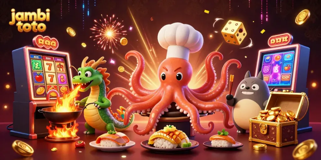 Experience thrilling wins at Jambi Toto with lively cartoon characters and dynamic casino elements.
